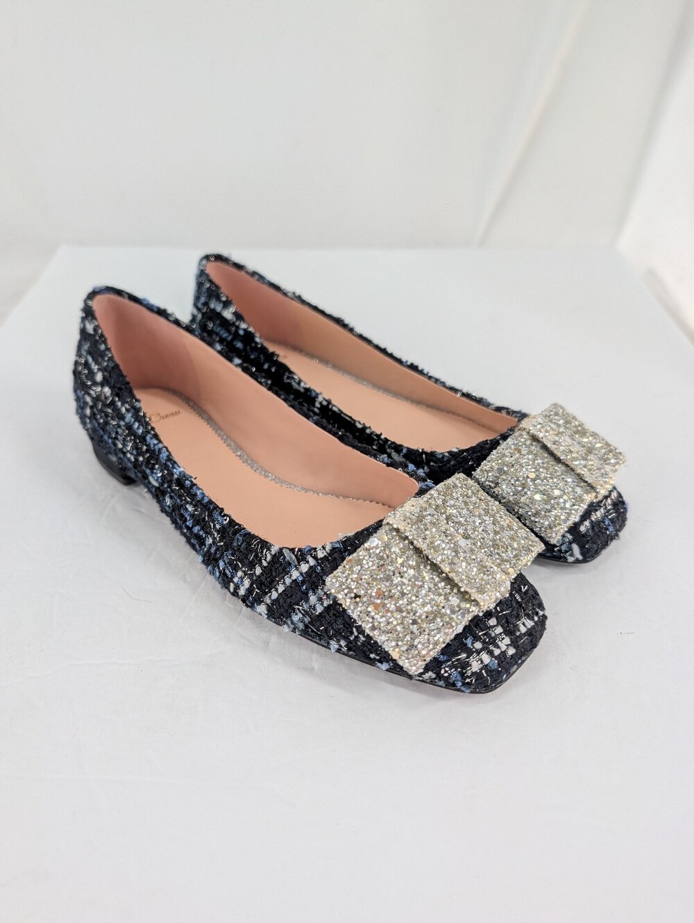 NWOT J. Crew Black Poppy Tweed Ballet Flats with Silver Glitter Bow Size 9